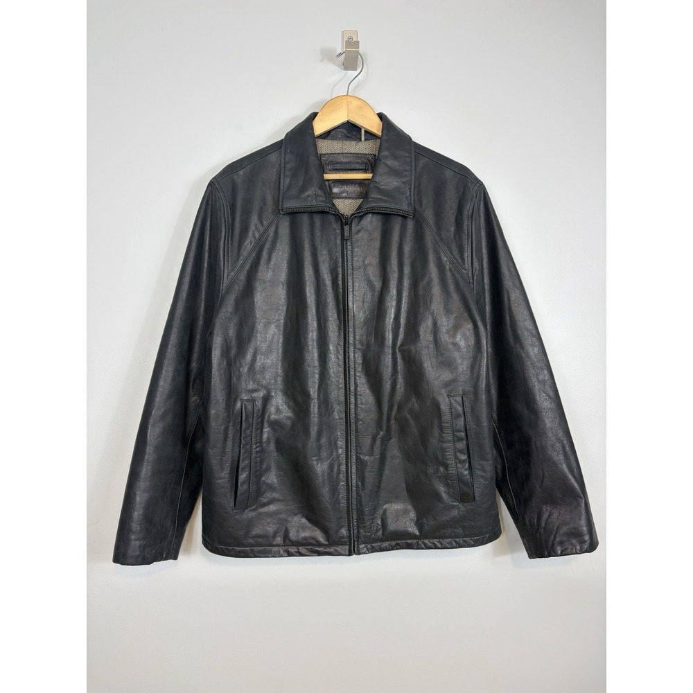 Vtg 90s Y2K Calvin Klein Leather Jacket Mens Sz L Black Bomber Harrington Lined
